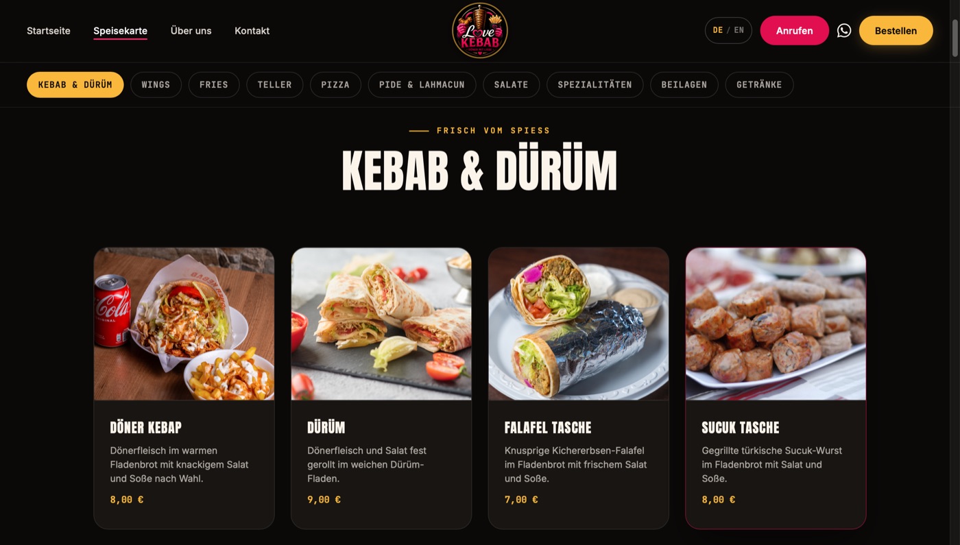 Screenshot van de menukaart van Love Kebab